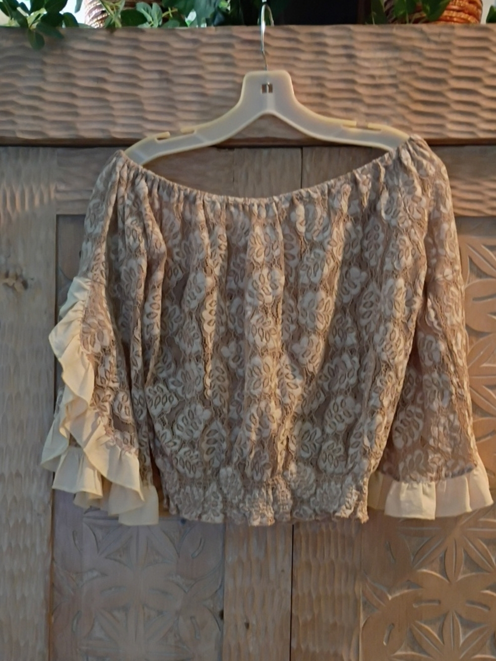 VENUS Beige Lace-Overlay Off-Shoulder Ruffle Blouse